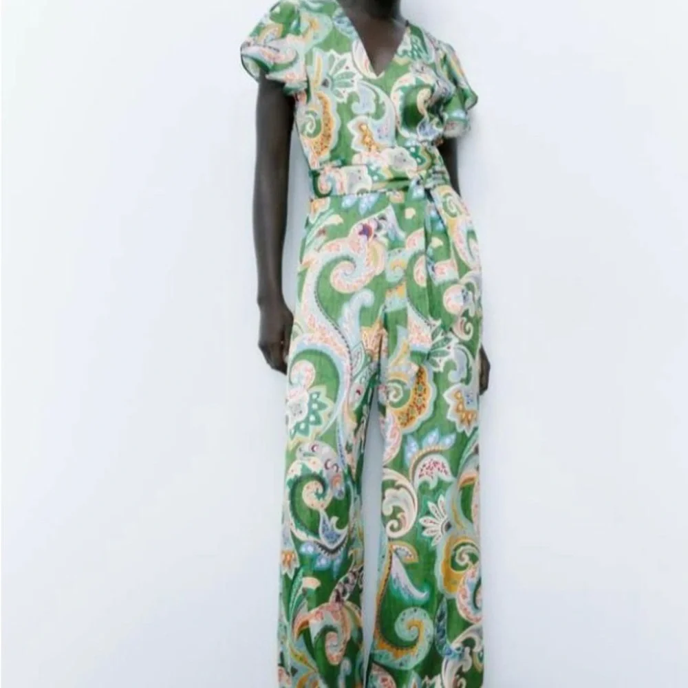 ZARA Green Paisley BOHO Belted Wide-Leg Jumpsuit Size Small NWT 🍃 - Picture 2 of 10